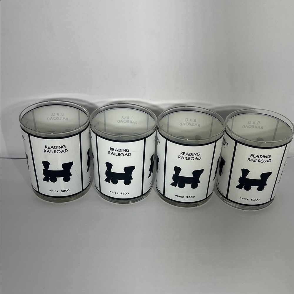 Monopoly Drinking Glasses Set of four- Train-Railroad-Game Night - Picture 2 of 6